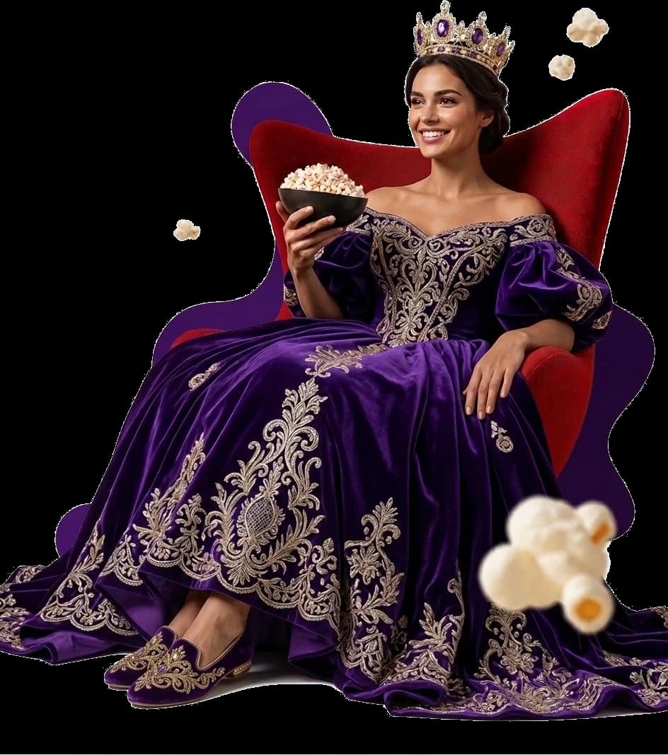 A queen wearing a jeweled crown, relaxing on a throne with a bowl of popcorn